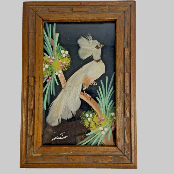 Carved Wood Hinged Trinket Jewelry Box Real Bird Feather Art Lid Vintage 5x7 - Picture 1 of 8